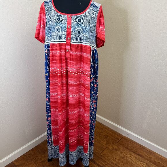 Noracora Boho Maxi Dress Mixed Print Floral Short Sleeve Pockets XL, NWT - Picture 1 of 6